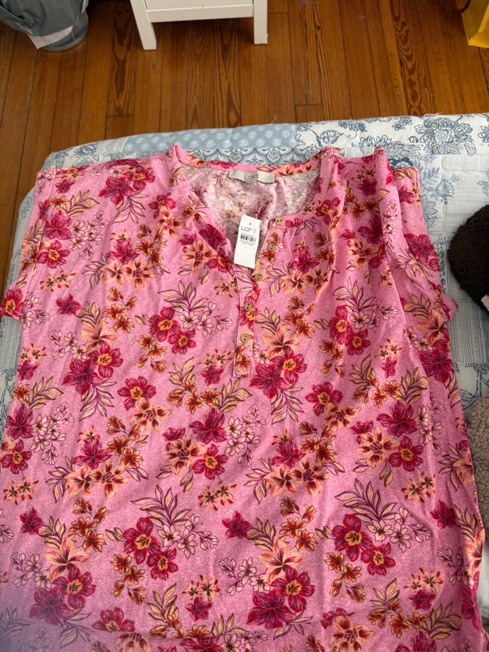 LOFT Pink Floral Henley Tank Top